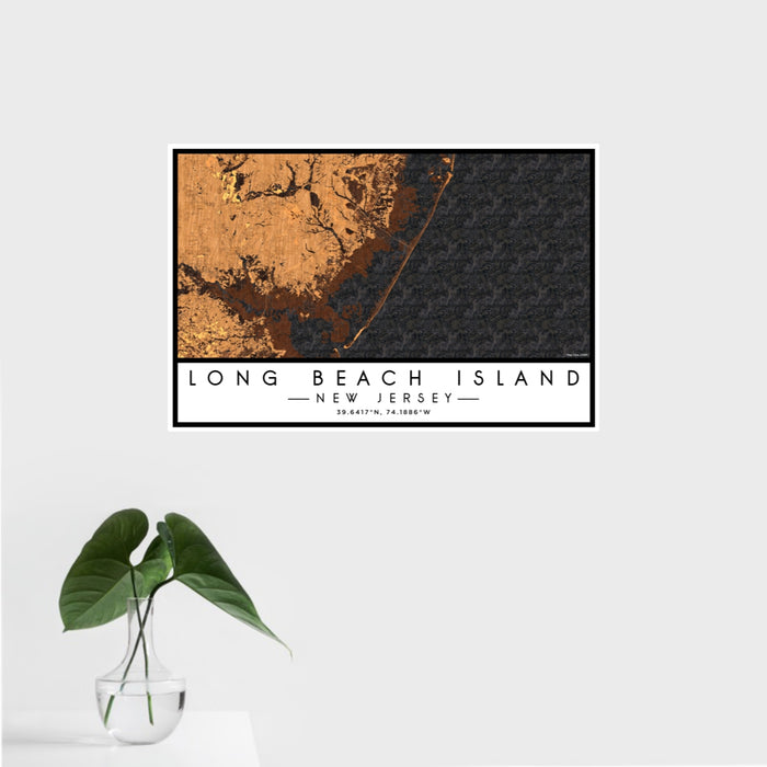 16x24 Long Beach Island New Jersey Map Print Landscape Orientation in Ember Style With Tropical Plant Leaves in Water