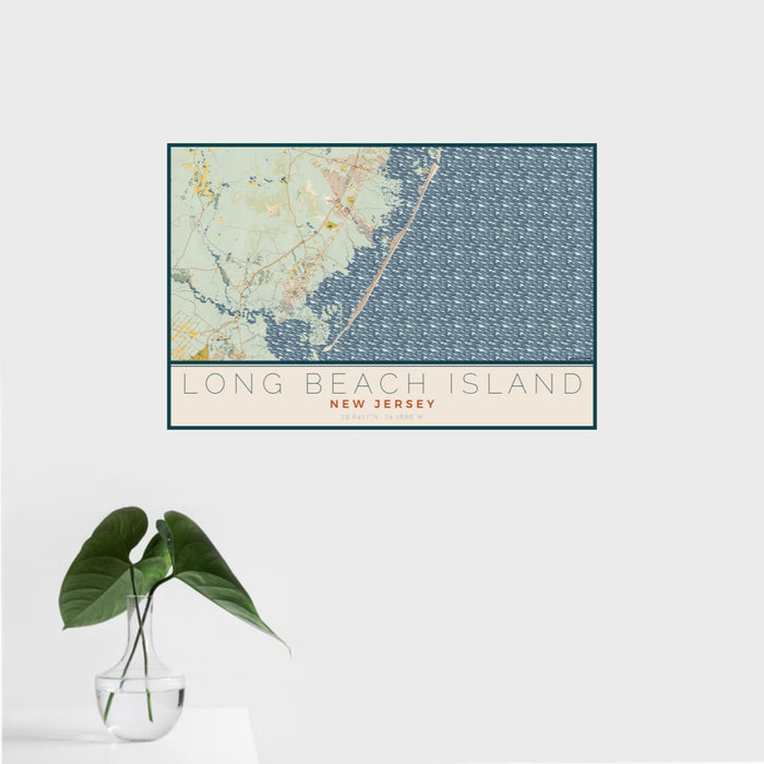 16x24 Long Beach Island New Jersey Map Print Landscape Orientation in Woodblock Style With Tropical Plant Leaves in Water