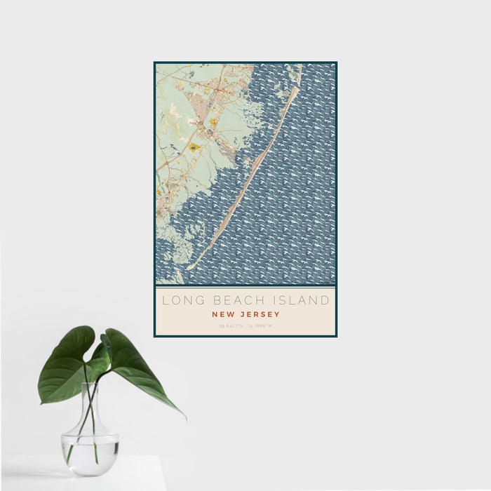16x24 Long Beach Island New Jersey Map Print Portrait Orientation in Woodblock Style With Tropical Plant Leaves in Water
