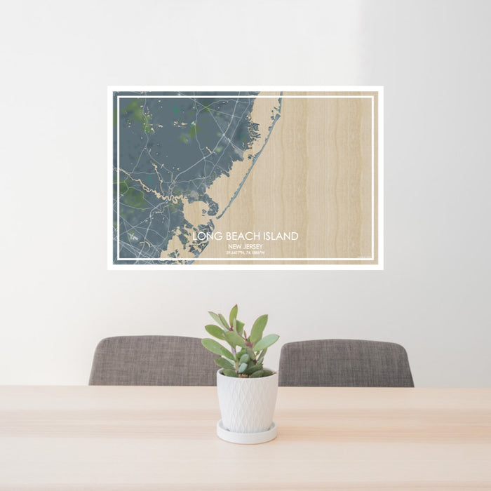 24x36 Long Beach Island New Jersey Map Print Lanscape Orientation in Afternoon Style Behind 2 Chairs Table and Potted Plant