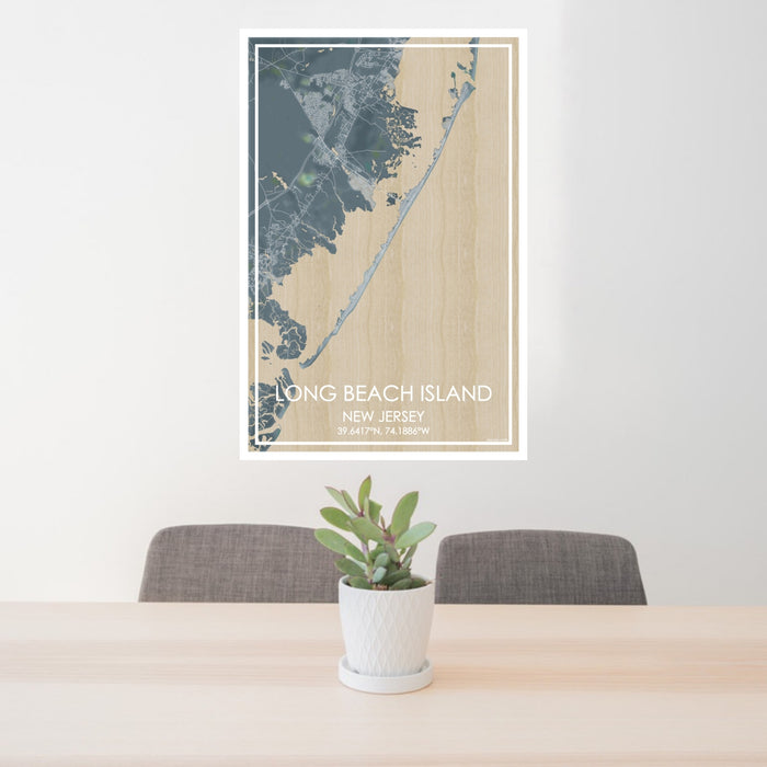 24x36 Long Beach Island New Jersey Map Print Portrait Orientation in Afternoon Style Behind 2 Chairs Table and Potted Plant