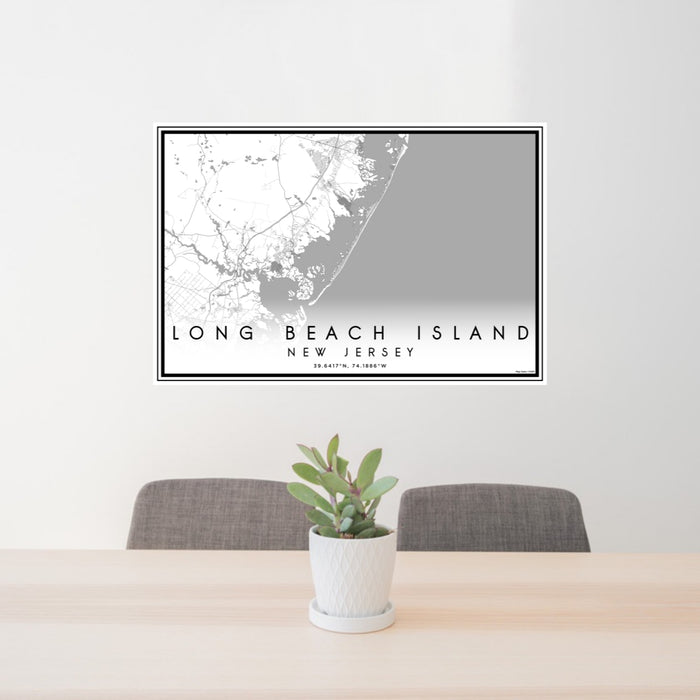 24x36 Long Beach Island New Jersey Map Print Lanscape Orientation in Classic Style Behind 2 Chairs Table and Potted Plant