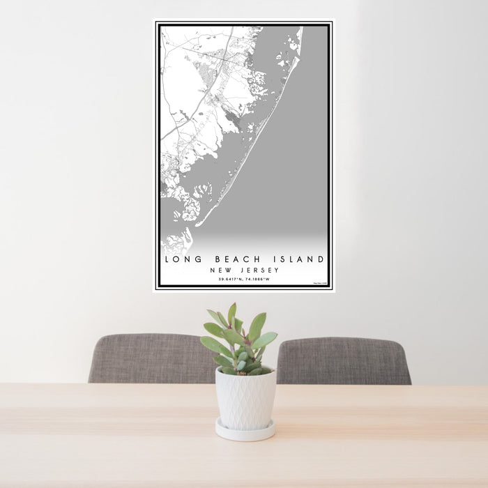 24x36 Long Beach Island New Jersey Map Print Portrait Orientation in Classic Style Behind 2 Chairs Table and Potted Plant
