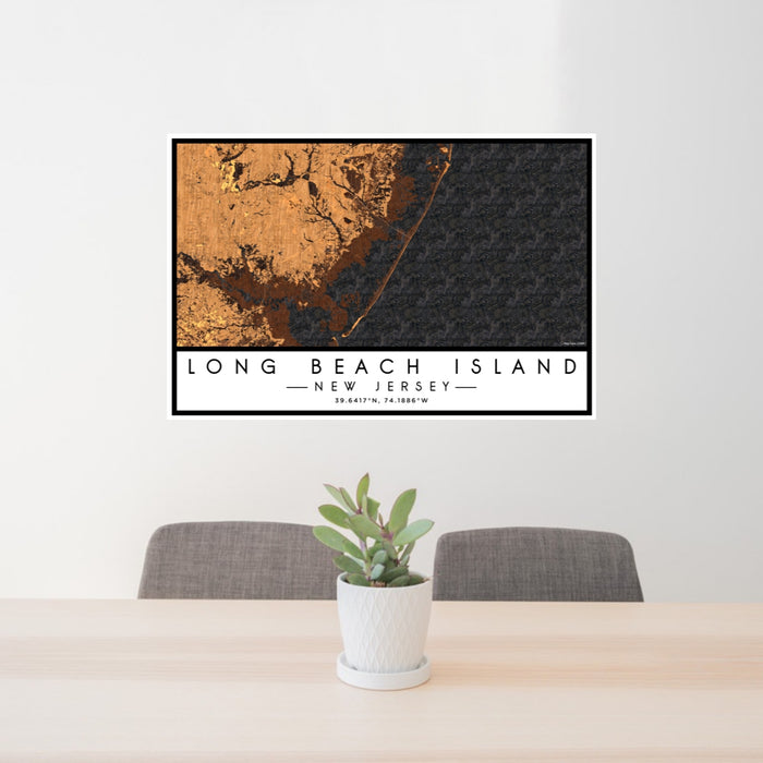 24x36 Long Beach Island New Jersey Map Print Lanscape Orientation in Ember Style Behind 2 Chairs Table and Potted Plant