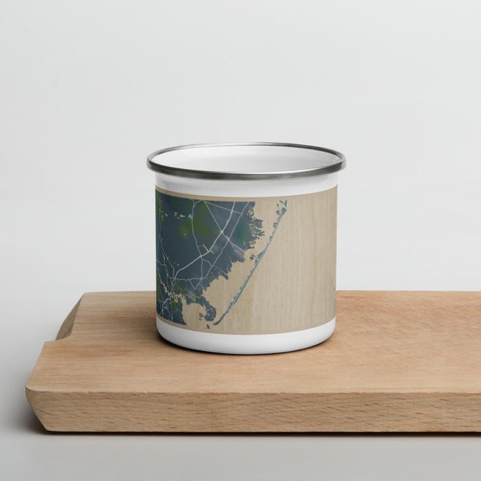 Front View Custom Long Beach Island New Jersey Map Enamel Mug in Afternoon on Cutting Board