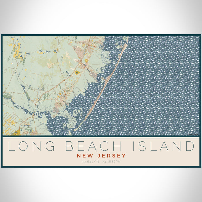 Long Beach Island New Jersey Map Print Landscape Orientation in Woodblock Style With Shaded Background