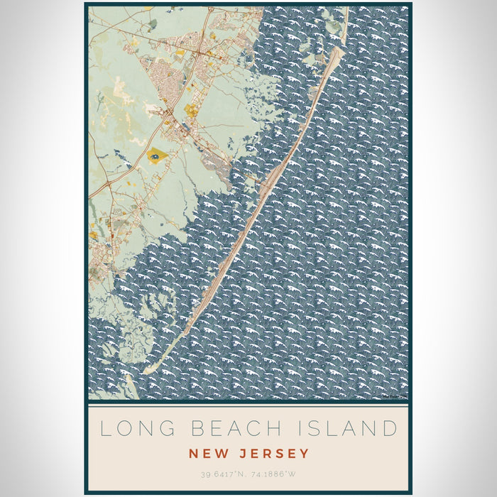 Long Beach Island New Jersey Map Print Portrait Orientation in Woodblock Style With Shaded Background