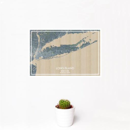 12x18 Long Island New York Map Print Landscape Orientation in Afternoon Style With Small Cactus Plant in White Planter