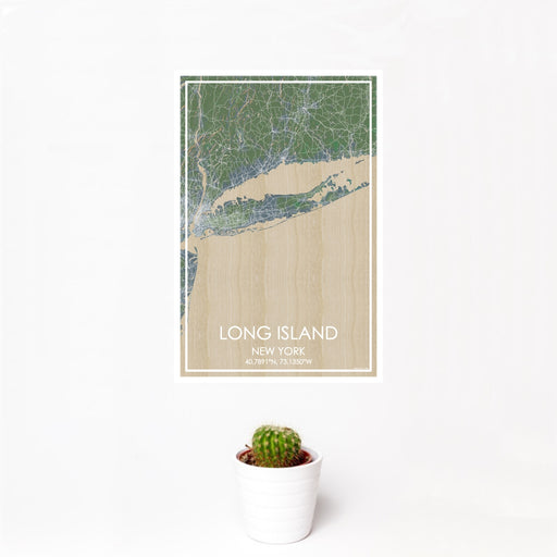 12x18 Long Island New York Map Print Portrait Orientation in Afternoon Style With Small Cactus Plant in White Planter