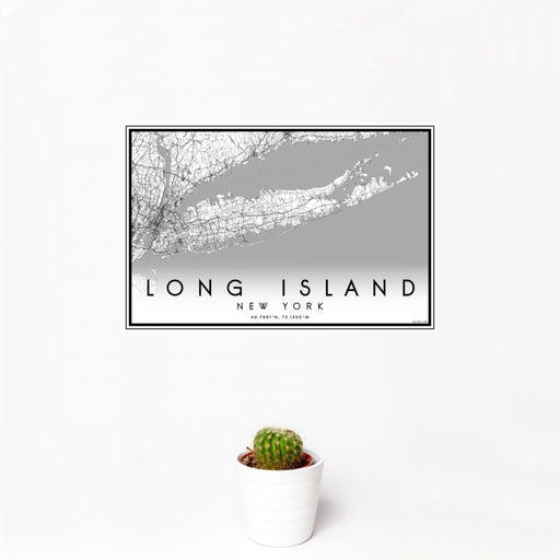 12x18 Long Island New York Map Print Landscape Orientation in Classic Style With Small Cactus Plant in White Planter