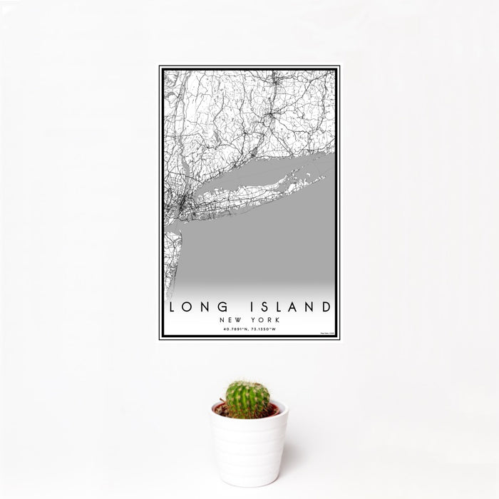 12x18 Long Island New York Map Print Portrait Orientation in Classic Style With Small Cactus Plant in White Planter