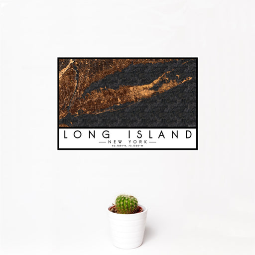 12x18 Long Island New York Map Print Landscape Orientation in Ember Style With Small Cactus Plant in White Planter