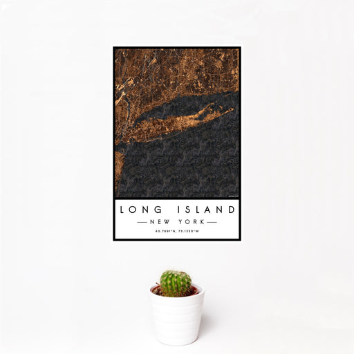 12x18 Long Island New York Map Print Portrait Orientation in Ember Style With Small Cactus Plant in White Planter