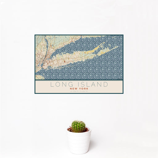 12x18 Long Island New York Map Print Landscape Orientation in Woodblock Style With Small Cactus Plant in White Planter