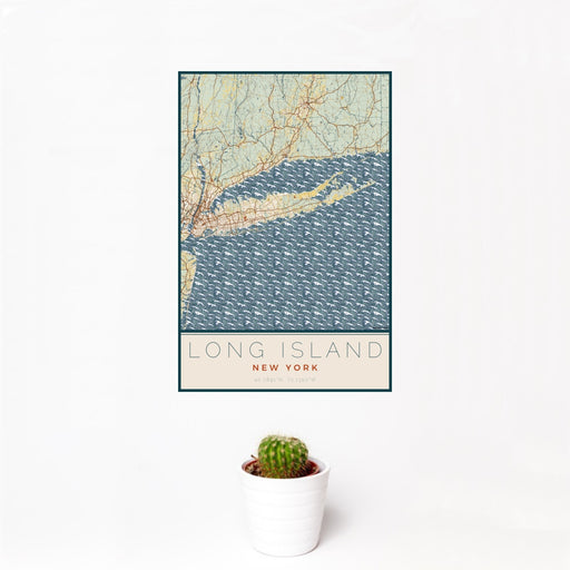 12x18 Long Island New York Map Print Portrait Orientation in Woodblock Style With Small Cactus Plant in White Planter