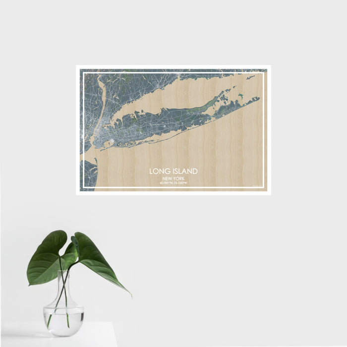 16x24 Long Island New York Map Print Landscape Orientation in Afternoon Style With Tropical Plant Leaves in Water