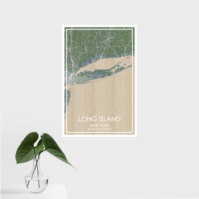 16x24 Long Island New York Map Print Portrait Orientation in Afternoon Style With Tropical Plant Leaves in Water