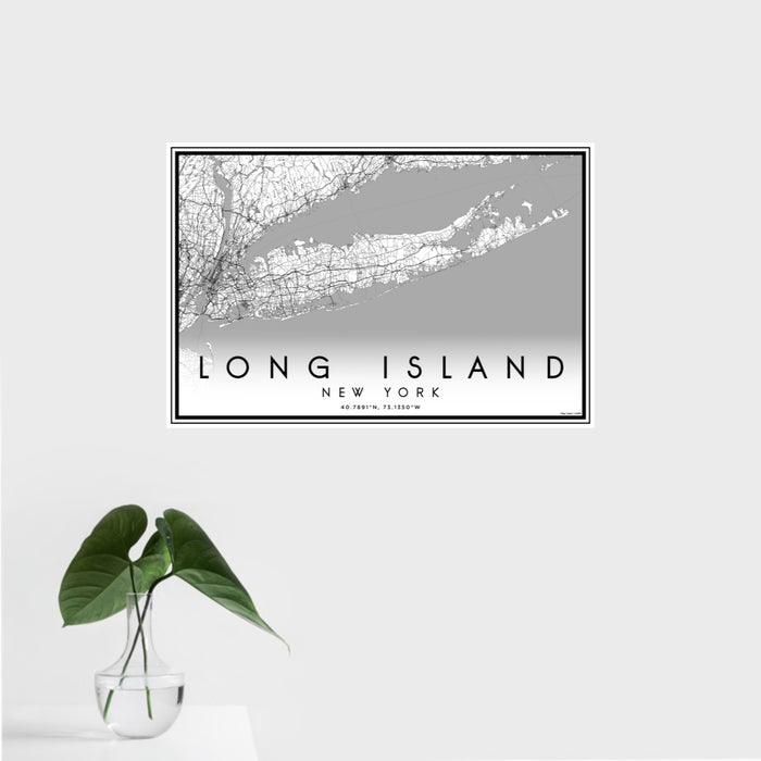 16x24 Long Island New York Map Print Landscape Orientation in Classic Style With Tropical Plant Leaves in Water