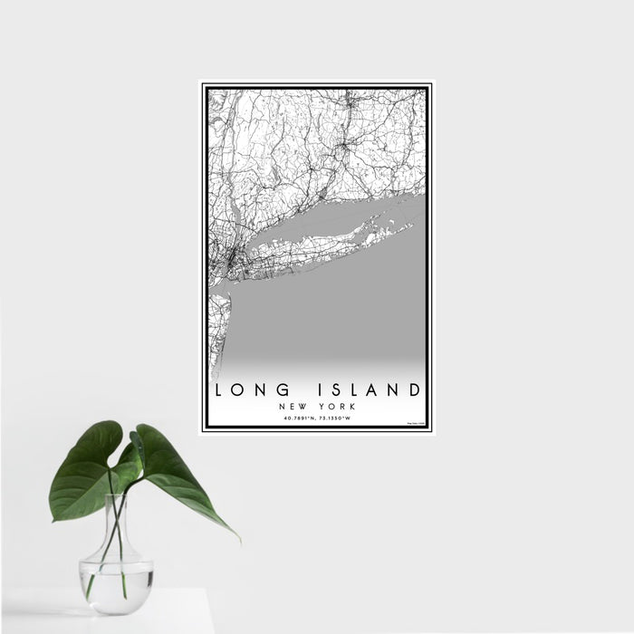 16x24 Long Island New York Map Print Portrait Orientation in Classic Style With Tropical Plant Leaves in Water