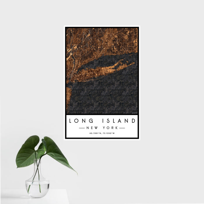 16x24 Long Island New York Map Print Portrait Orientation in Ember Style With Tropical Plant Leaves in Water