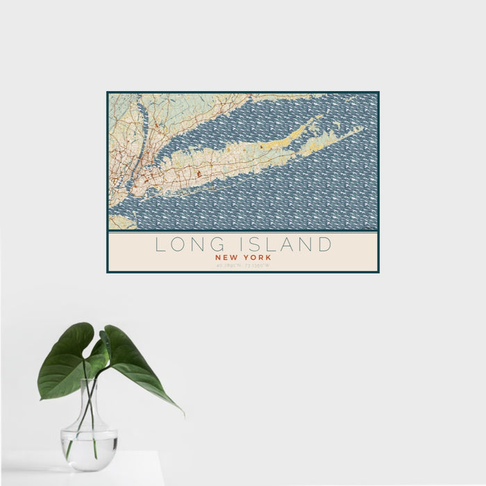 16x24 Long Island New York Map Print Landscape Orientation in Woodblock Style With Tropical Plant Leaves in Water