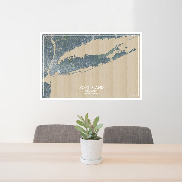24x36 Long Island New York Map Print Lanscape Orientation in Afternoon Style Behind 2 Chairs Table and Potted Plant