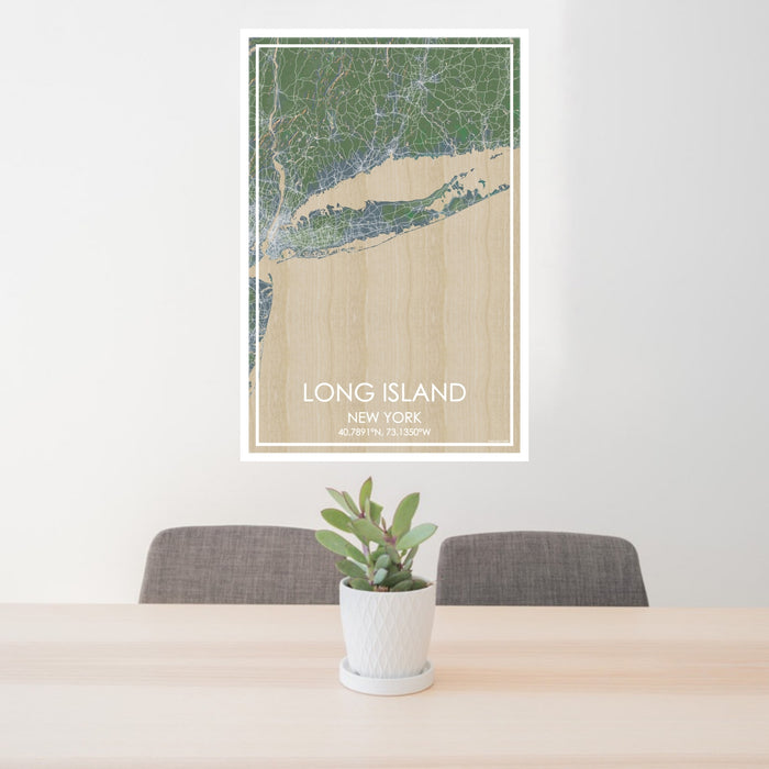 24x36 Long Island New York Map Print Portrait Orientation in Afternoon Style Behind 2 Chairs Table and Potted Plant