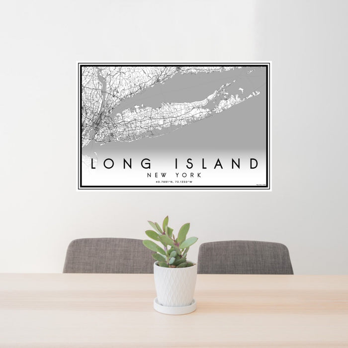 24x36 Long Island New York Map Print Lanscape Orientation in Classic Style Behind 2 Chairs Table and Potted Plant
