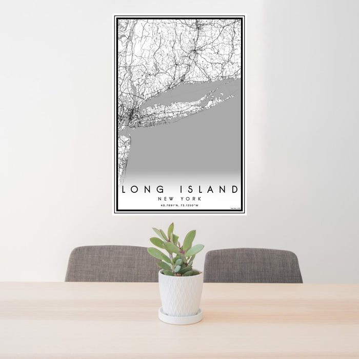 24x36 Long Island New York Map Print Portrait Orientation in Classic Style Behind 2 Chairs Table and Potted Plant