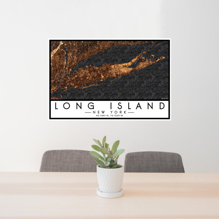 24x36 Long Island New York Map Print Lanscape Orientation in Ember Style Behind 2 Chairs Table and Potted Plant