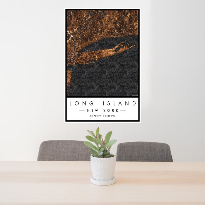 24x36 Long Island New York Map Print Portrait Orientation in Ember Style Behind 2 Chairs Table and Potted Plant