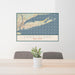 24x36 Long Island New York Map Print Lanscape Orientation in Woodblock Style Behind 2 Chairs Table and Potted Plant