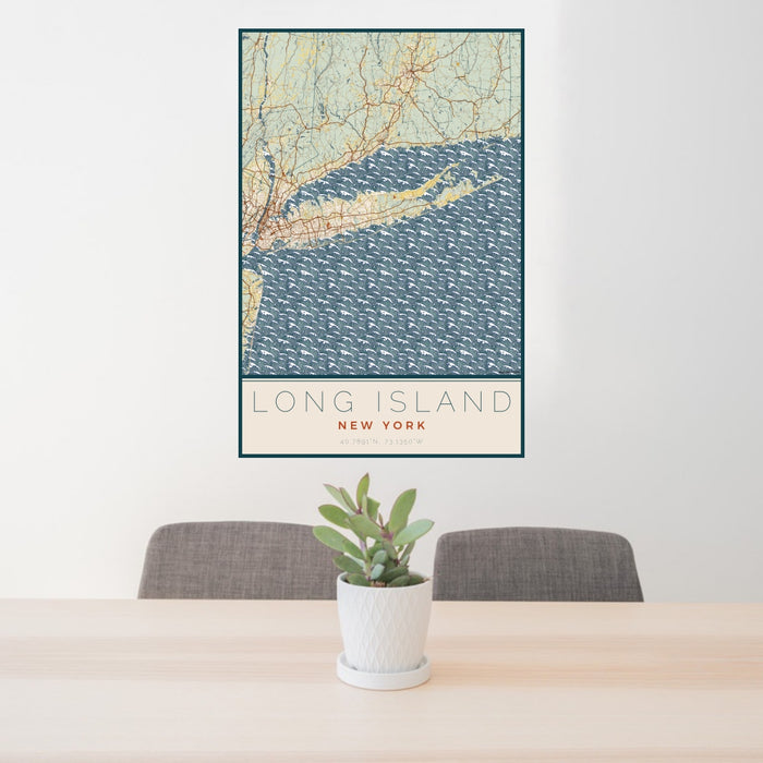 24x36 Long Island New York Map Print Portrait Orientation in Woodblock Style Behind 2 Chairs Table and Potted Plant