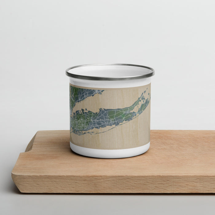 Front View Custom Long Island New York Map Enamel Mug in Afternoon on Cutting Board