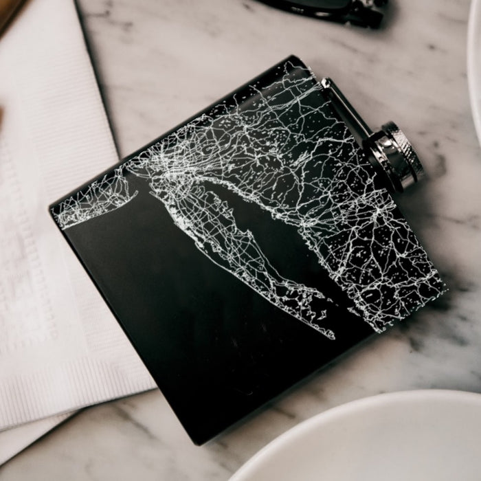 Long Island New York Custom Engraved City Map Inscription Coordinates on 6oz Stainless Steel Flask in Black