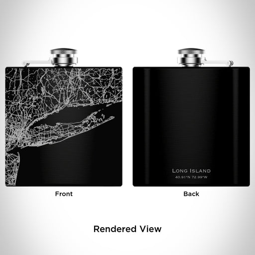 Rendered View of Long Island New York Map Engraving on 6oz Stainless Steel Flask in Black