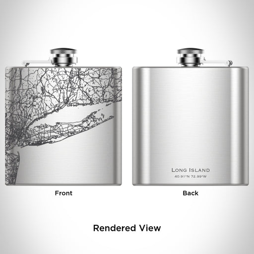 Rendered View of Long Island New York Map Engraving on 6oz Stainless Steel Flask