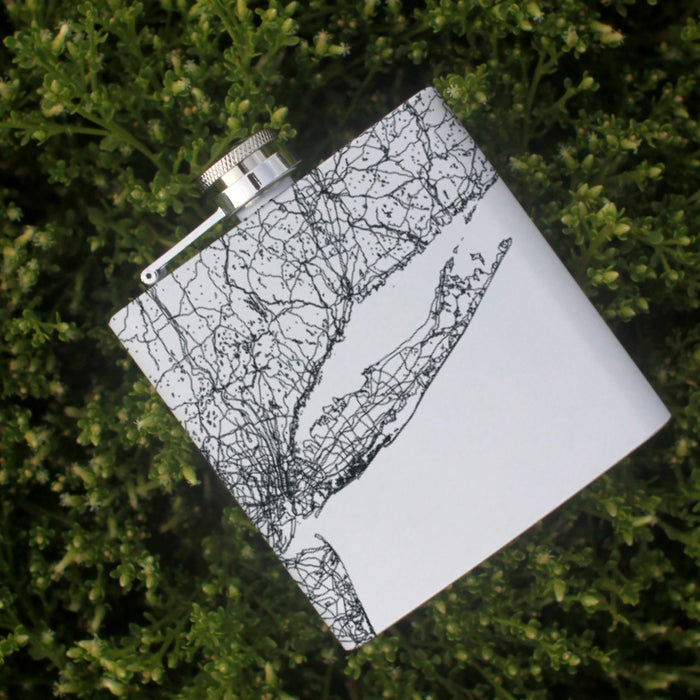 Long Island New York Custom Engraved City Map Inscription Coordinates on 6oz Stainless Steel Flask in White