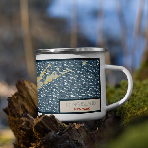 Right View Custom Long Island New York Map Enamel Mug in Woodblock on Grass With Trees in Background