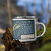 Right View Custom Long Island New York Map Enamel Mug in Woodblock on Grass With Trees in Background