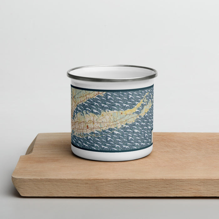Front View Custom Long Island New York Map Enamel Mug in Woodblock on Cutting Board