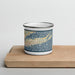Front View Custom Long Island New York Map Enamel Mug in Woodblock on Cutting Board
