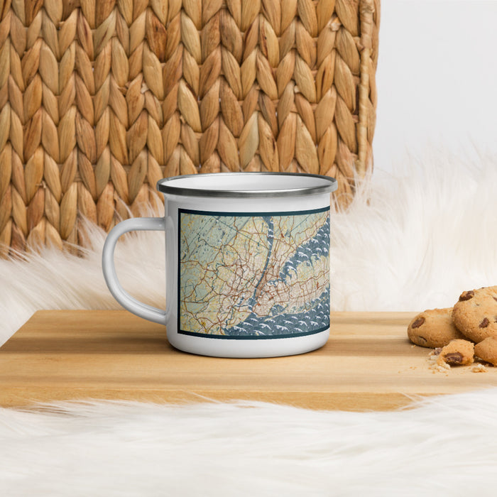 Left View Custom Long Island New York Map Enamel Mug in Woodblock on Table Top