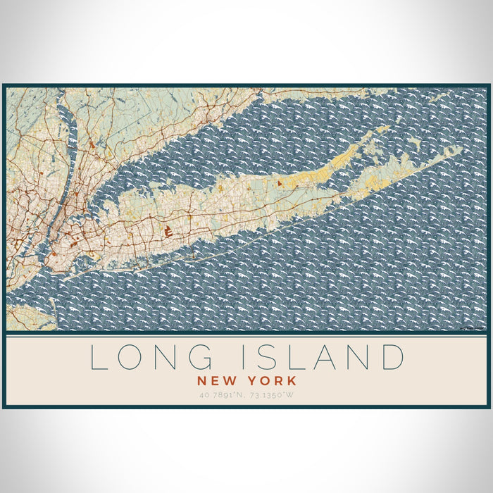 Long Island New York Map Print Landscape Orientation in Woodblock Style With Shaded Background