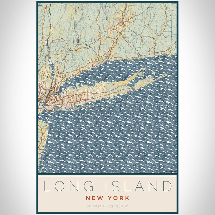 Long Island New York Map Print Portrait Orientation in Woodblock Style With Shaded Background