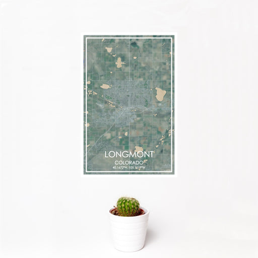 12x18 Longmont Colorado Map Print Portrait Orientation in Afternoon Style With Small Cactus Plant in White Planter