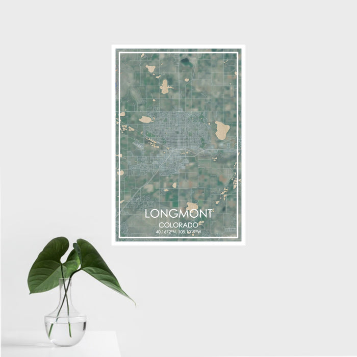 16x24 Longmont Colorado Map Print Portrait Orientation in Afternoon Style With Tropical Plant Leaves in Water