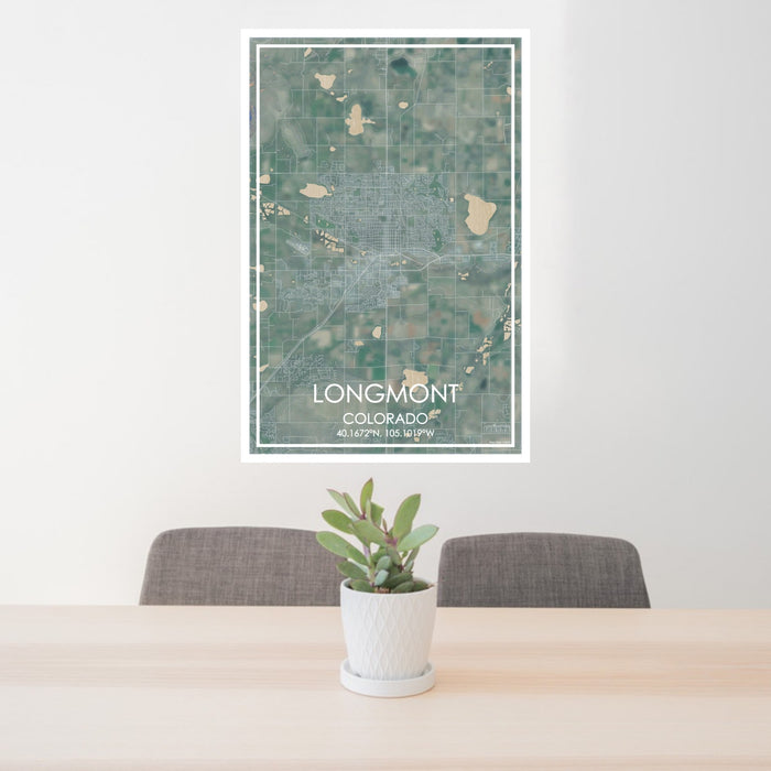 24x36 Longmont Colorado Map Print Portrait Orientation in Afternoon Style Behind 2 Chairs Table and Potted Plant