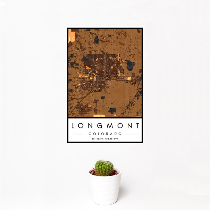 12x18 Longmont Colorado Map Print Portrait Orientation in Ember Style With Small Cactus Plant in White Planter