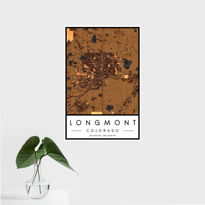 16x24 Longmont Colorado Map Print Portrait Orientation in Ember Style With Tropical Plant Leaves in Water